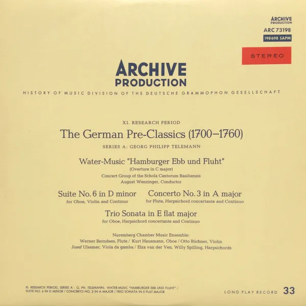Water-Music "Hamburger Ebb Und Fluht" / Suite No. 6 In D Minor / Concerto No. 3 In A Major / Trio Sonata In E Flat Major