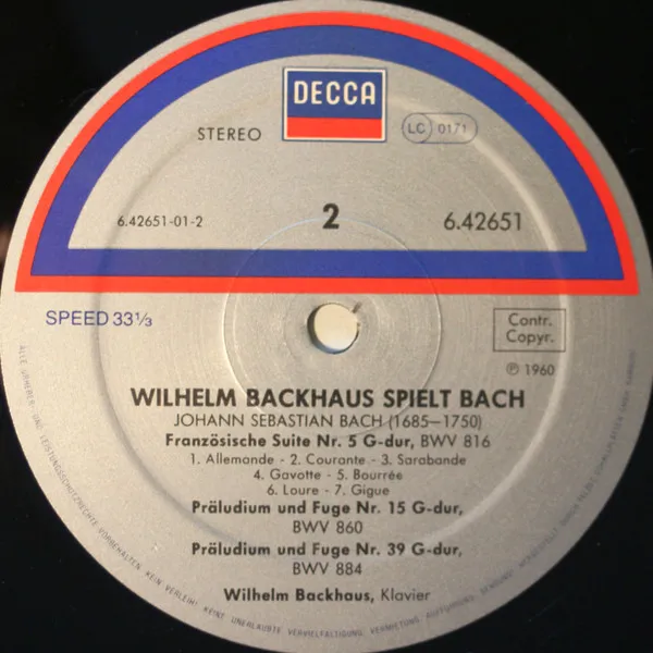 Backhaus Spielt Bach