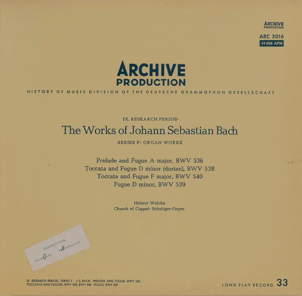 Prelude And Fugue A Major, BWV 536 /  Toccata And Fugue D Minor BWV 538 / Toccata And Fugue F Major, BWV 540 / Fugue D Minor, BWV 539
