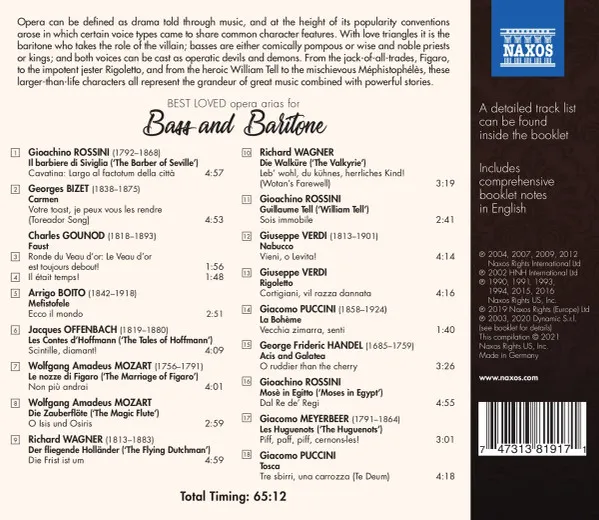 Booming Bass and Baritone Best Loved Opera Arias