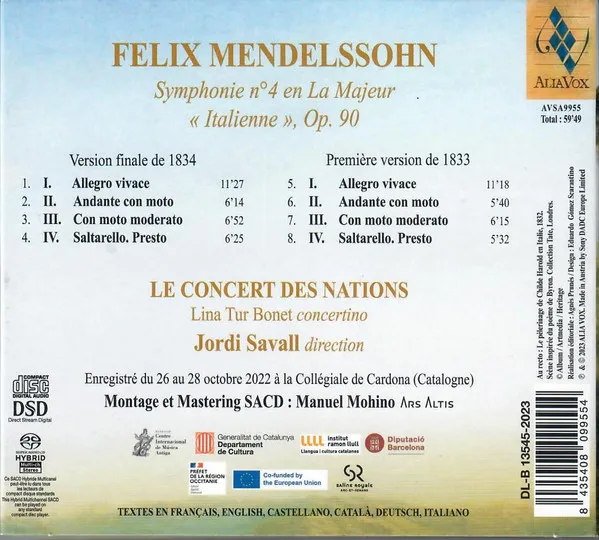 Symphonie Nr.4 "Italienische" (Versionen von 1833 & 1834)