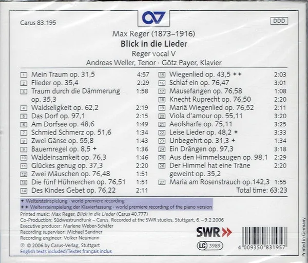 Reger vocal V - Blick in die Lieder (Klavierlieder)
