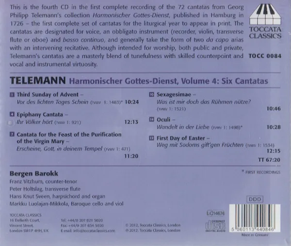 Harmonischer Gottesdienst Vol.4 (Kantaten für mittlere Stimme, Flöte, Bc - Hamburg 1725/26)